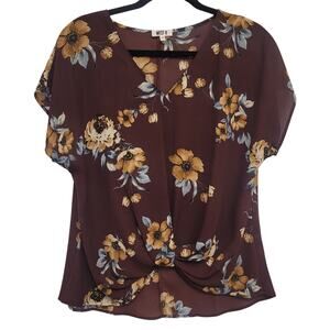 West K Brown Floral Blouse Size M Knot Front Short Sleeve Boho Cottage Fall